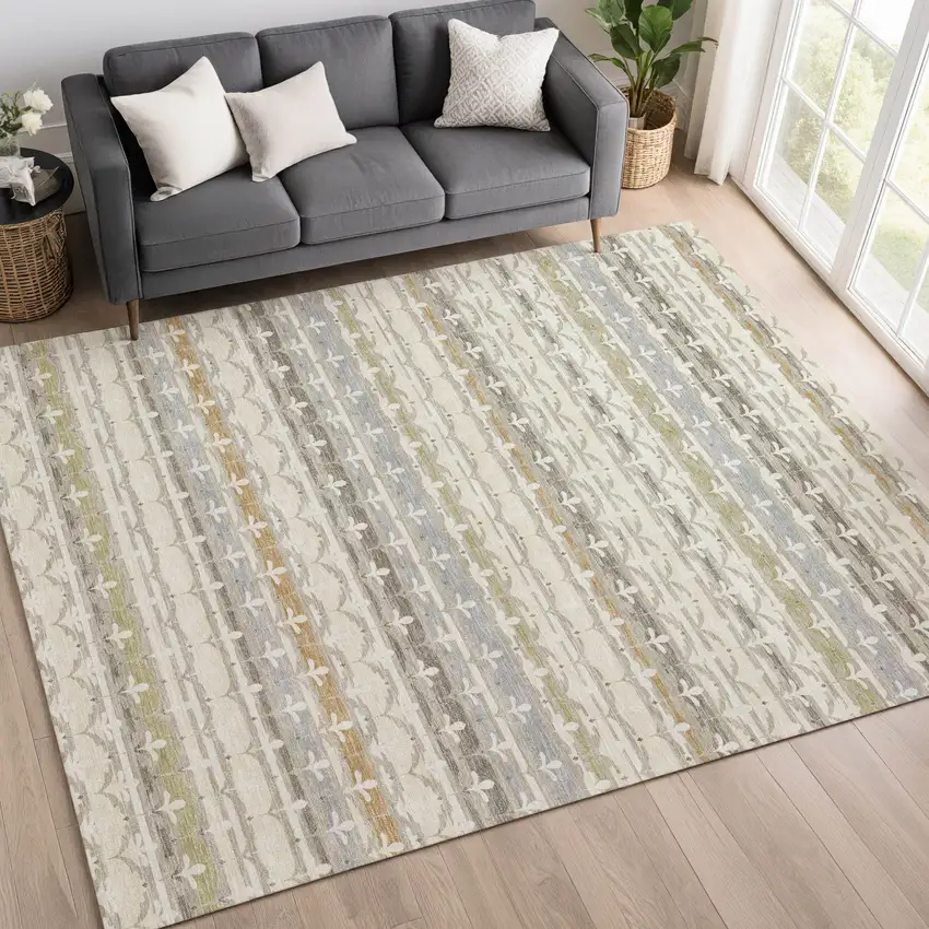 Ivory And Beige Damask Washable Indoor Outdoor Area Rug Photo 6