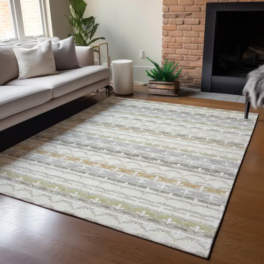 Ivory And Beige Damask Washable Indoor Outdoor Area Rug Photo 5