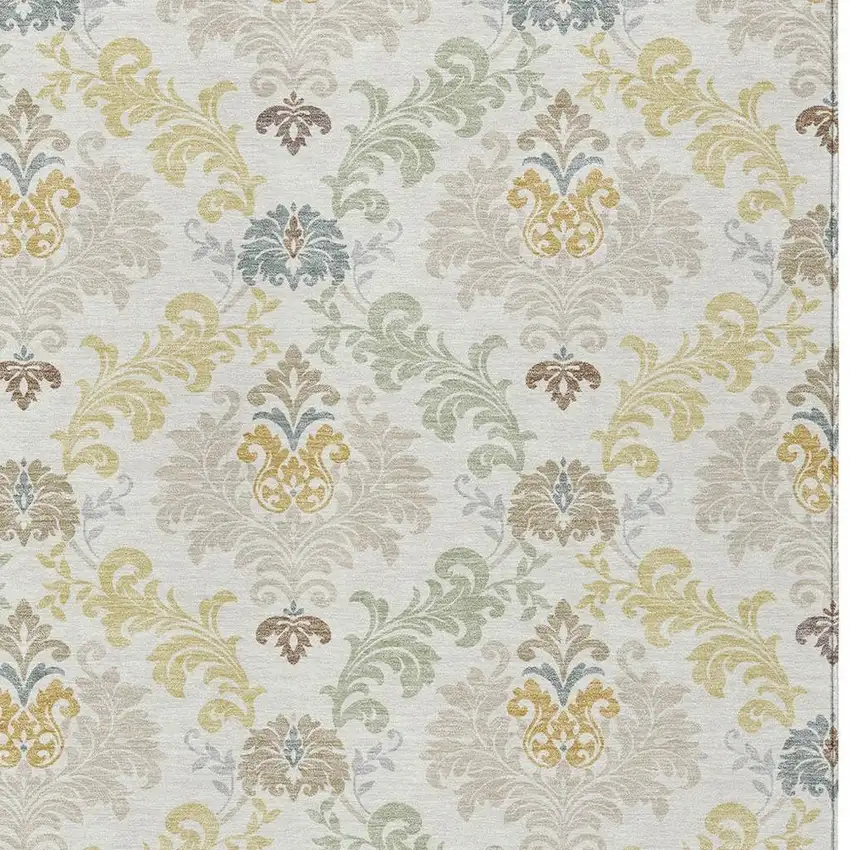 Ivory And Beige Damask Washable Indoor Outdoor Area Rug Photo 2