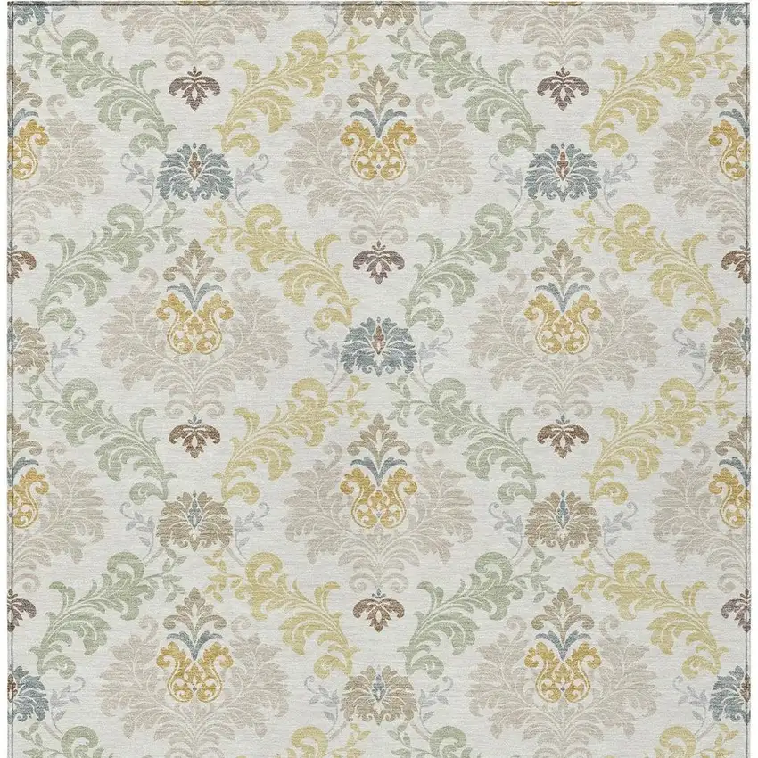 Ivory And Beige Damask Washable Indoor Outdoor Area Rug Photo 3