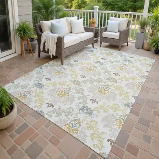 Ivory And Beige Damask Washable Indoor Outdoor Area Rug Photo 4