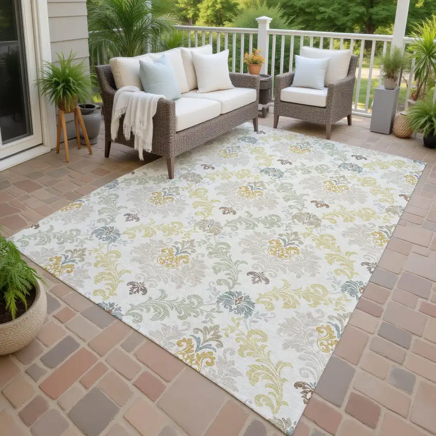 Ivory And Beige Damask Washable Indoor Outdoor Area Rug Photo 4