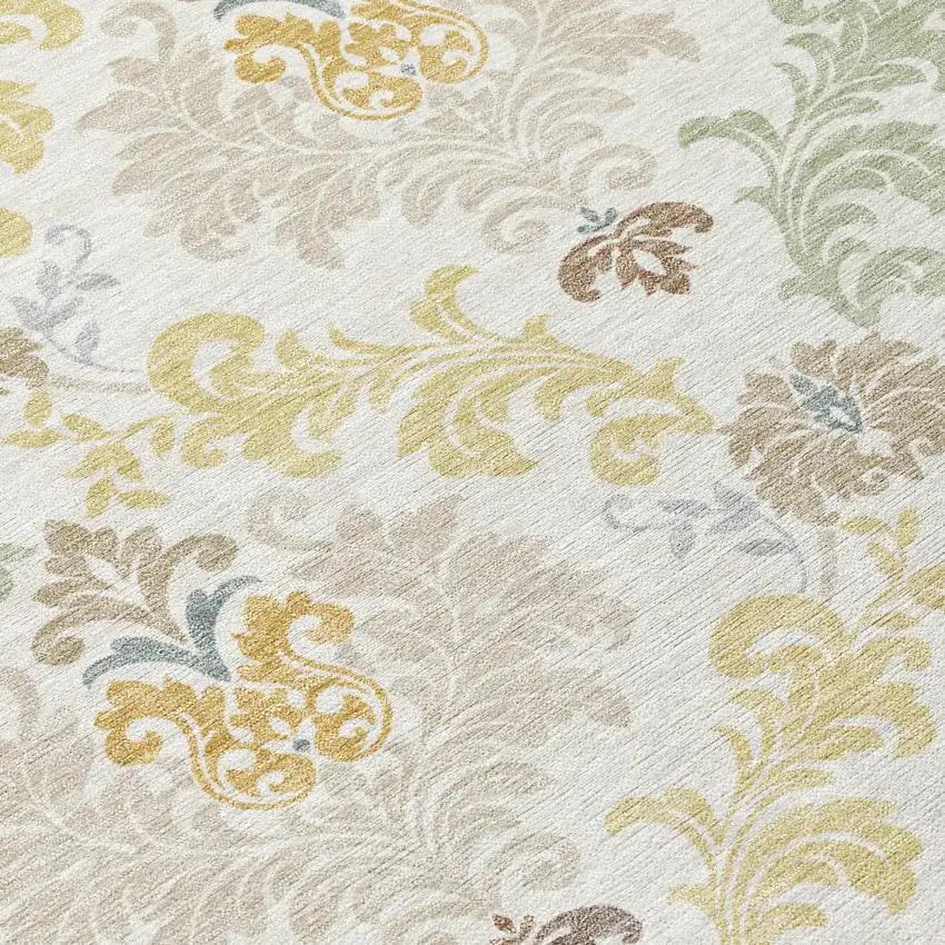 Ivory And Beige Damask Washable Indoor Outdoor Area Rug Photo 9