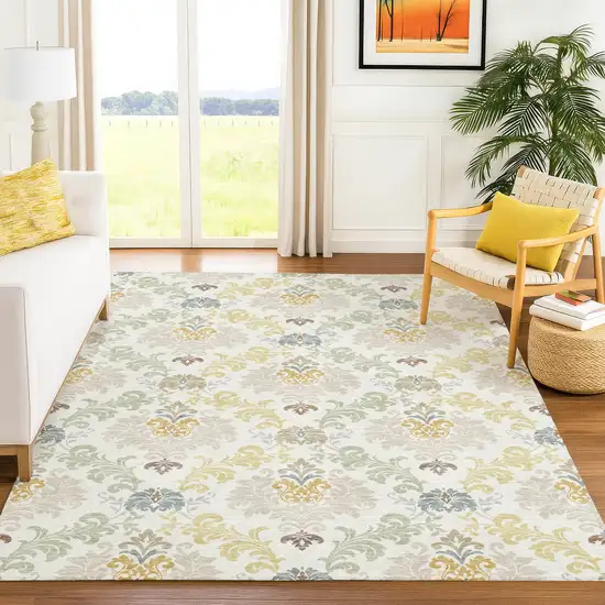 Ivory And Beige Damask Washable Indoor Outdoor Area Rug Photo 6
