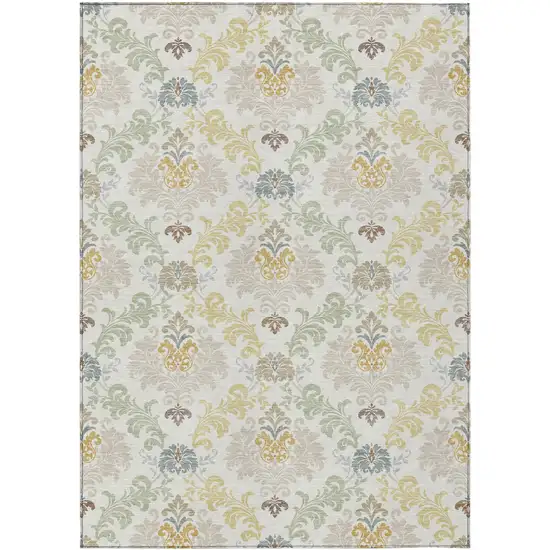 Ivory And Beige Damask Washable Indoor Outdoor Area Rug Photo 1