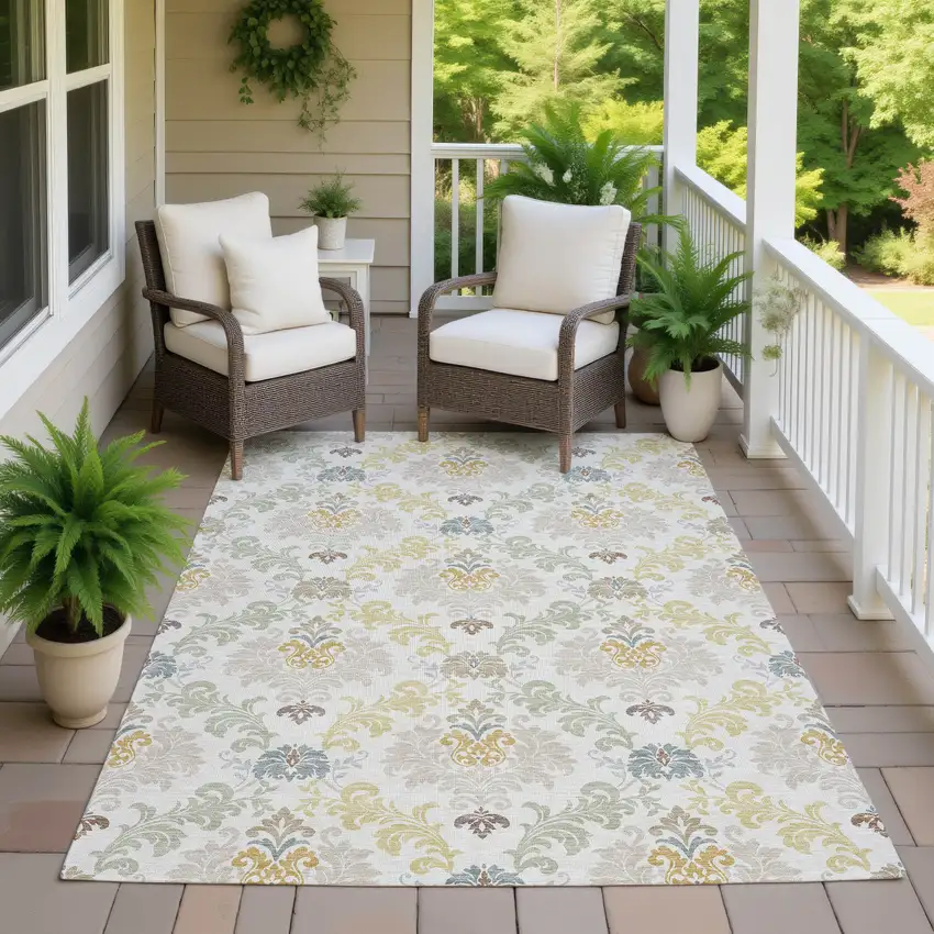 Ivory And Beige Damask Washable Indoor Outdoor Area Rug Photo 7