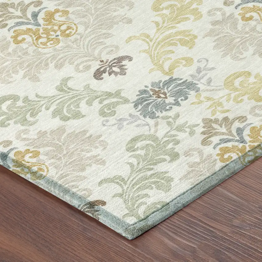 Ivory And Beige Damask Washable Indoor Outdoor Area Rug Photo 8