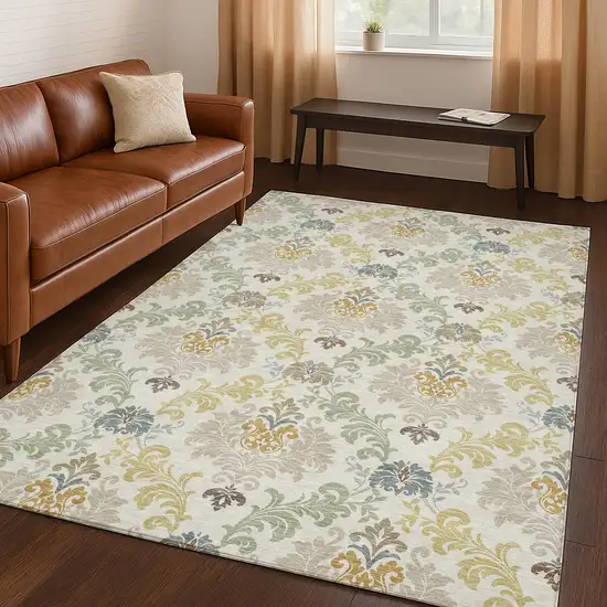 Ivory And Beige Damask Washable Indoor Outdoor Area Rug Photo 5