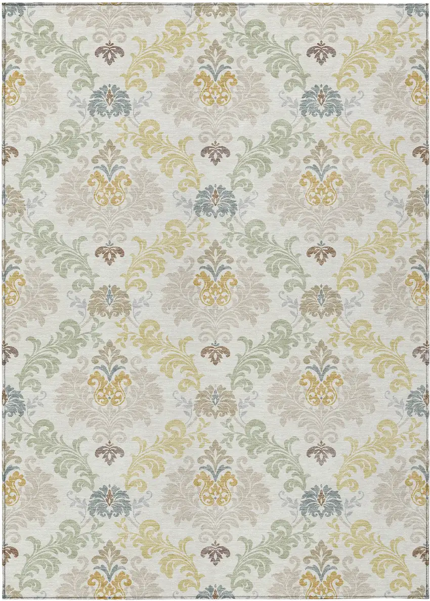 Ivory And Beige Damask Washable Indoor Outdoor Area Rug Photo 1