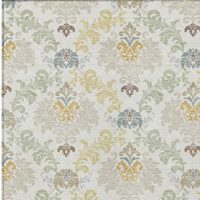 Ivory And Beige Damask Washable Indoor Outdoor Area Rug Photo 2