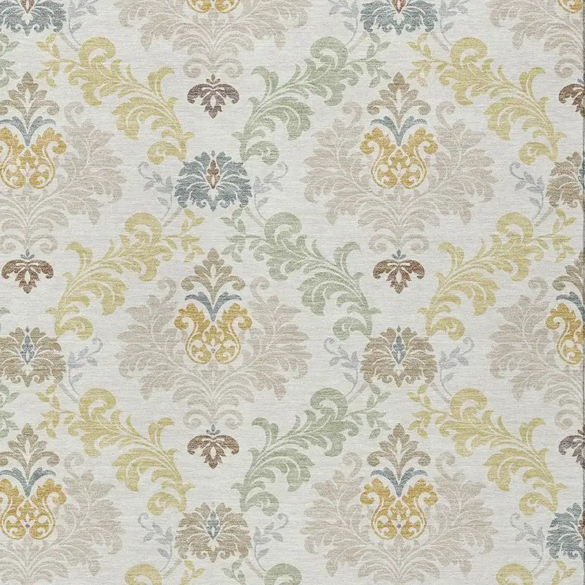 Ivory And Beige Damask Washable Indoor Outdoor Area Rug Photo 2