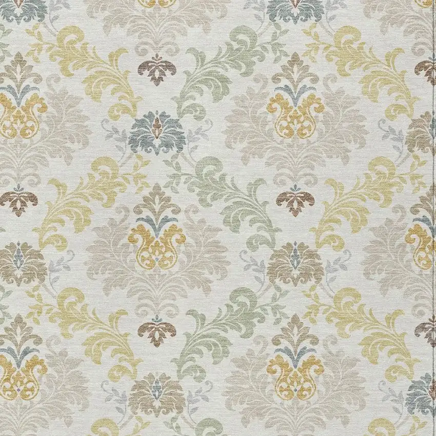 Ivory And Beige Damask Washable Indoor Outdoor Area Rug Photo 2