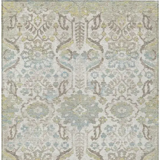 Ivory And Beige Damask Washable Indoor Outdoor Area Rug Photo 3