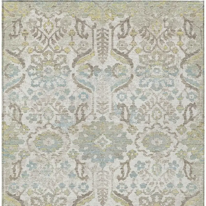 Ivory And Beige Damask Washable Indoor Outdoor Area Rug Photo 3