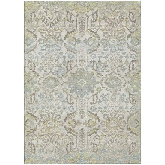 Ivory And Beige Damask Washable Indoor Outdoor Area Rug Photo 1