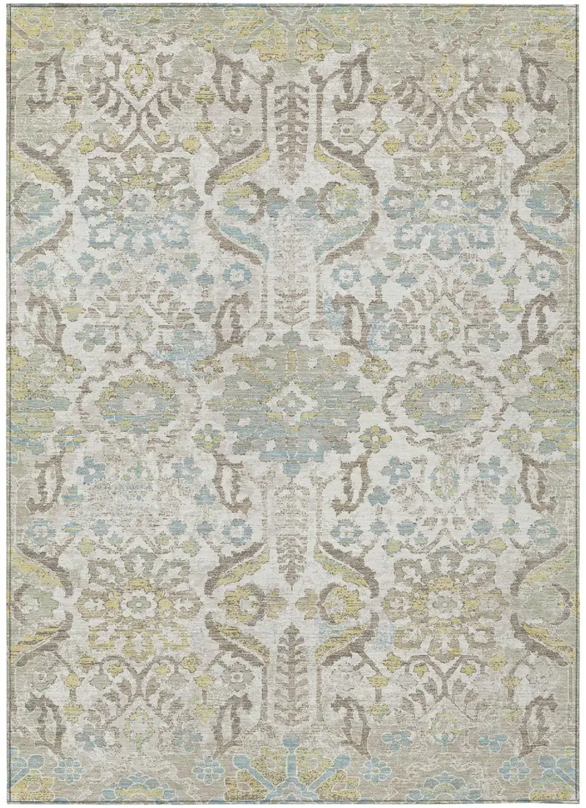 Ivory And Beige Damask Washable Indoor Outdoor Area Rug Photo 1