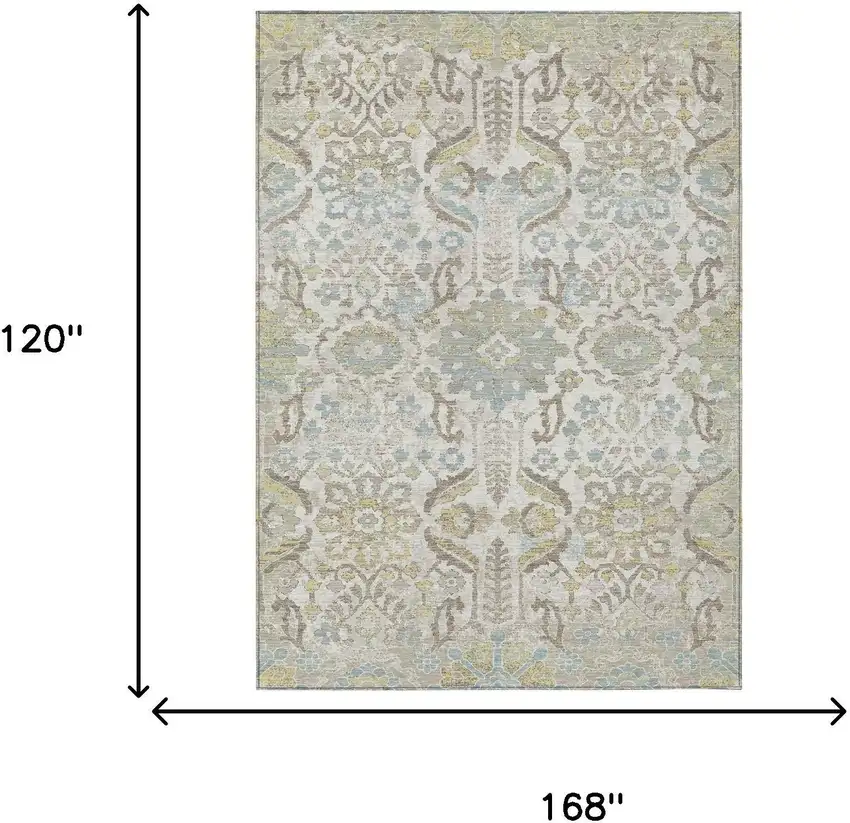 Ivory And Beige Damask Washable Indoor Outdoor Area Rug Photo 6
