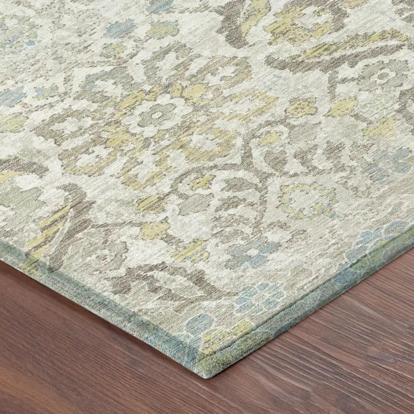 Ivory And Beige Damask Washable Indoor Outdoor Area Rug Photo 4
