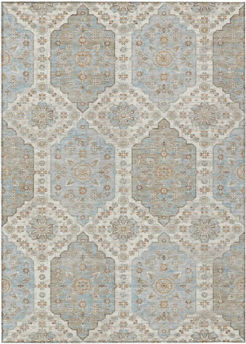 Ivory And Beige Damask Washable Indoor Outdoor Area Rug Photo 1