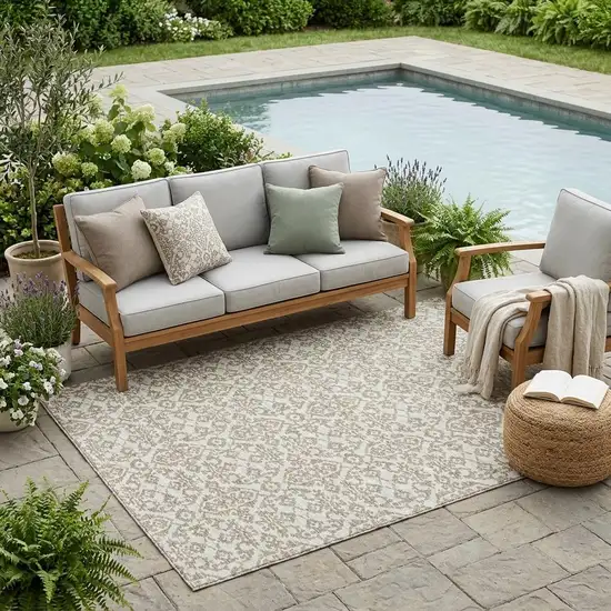 Ivory And Beige Damask Washable Indoor Outdoor Area Rug Photo 1