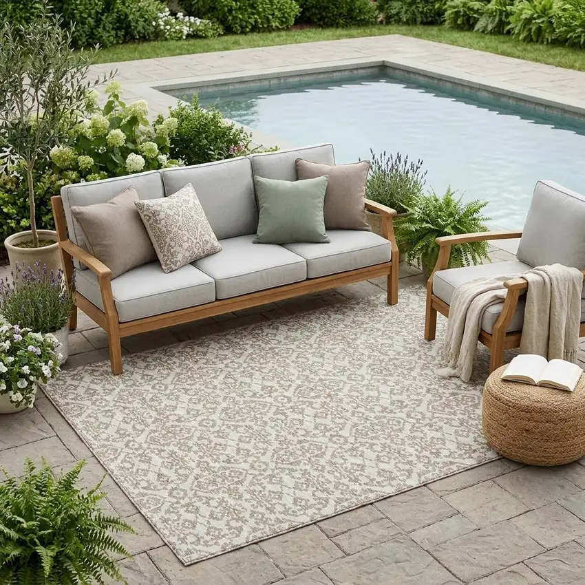 Ivory And Beige Damask Washable Indoor Outdoor Area Rug Photo 1