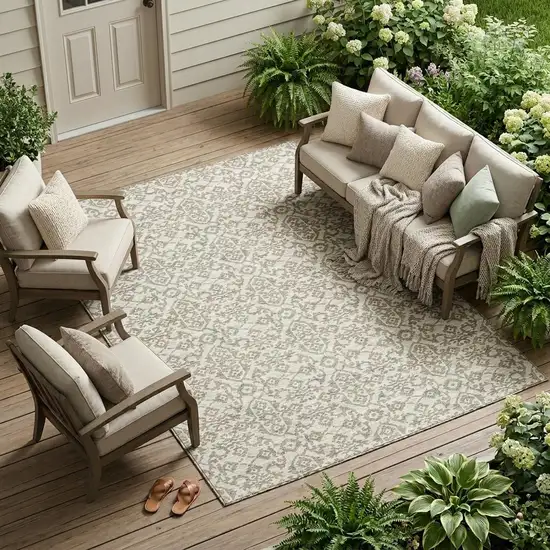 Ivory And Beige Damask Washable Indoor Outdoor Area Rug Photo 1
