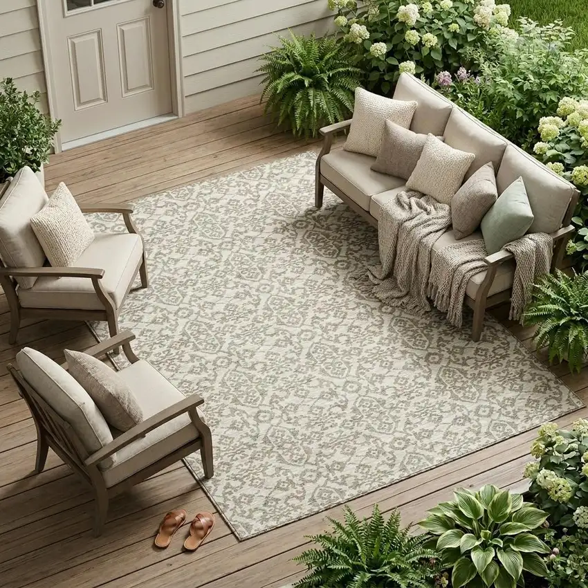 Ivory And Beige Damask Washable Indoor Outdoor Area Rug Photo 1