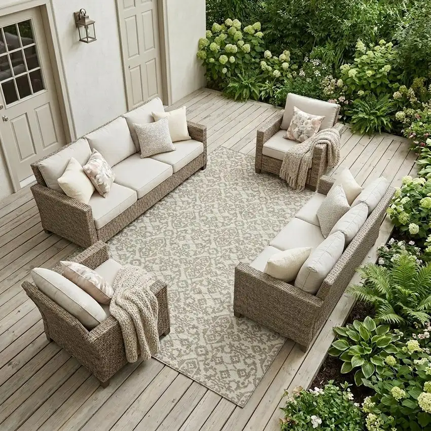 Ivory And Beige Damask Washable Indoor Outdoor Area Rug Photo 1