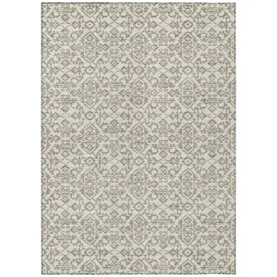 Ivory And Beige Damask Washable Indoor Outdoor Area Rug Photo 2