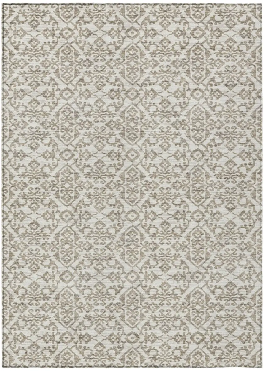 Ivory And Beige Damask Washable Indoor Outdoor Area Rug Photo 2