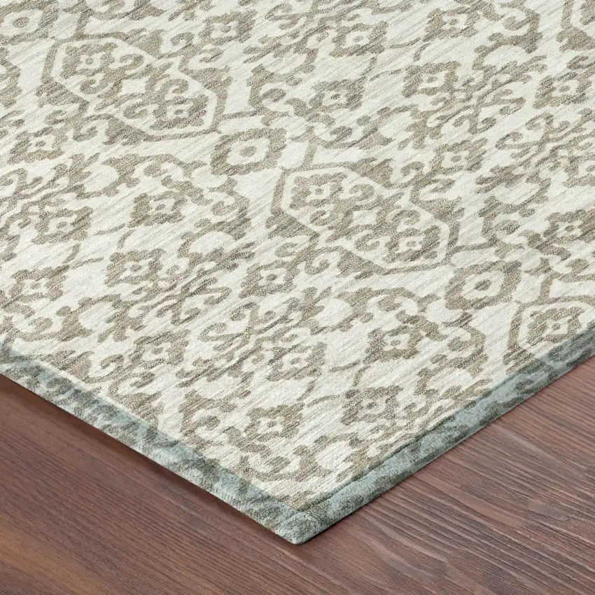 Ivory And Beige Damask Washable Indoor Outdoor Area Rug Photo 3