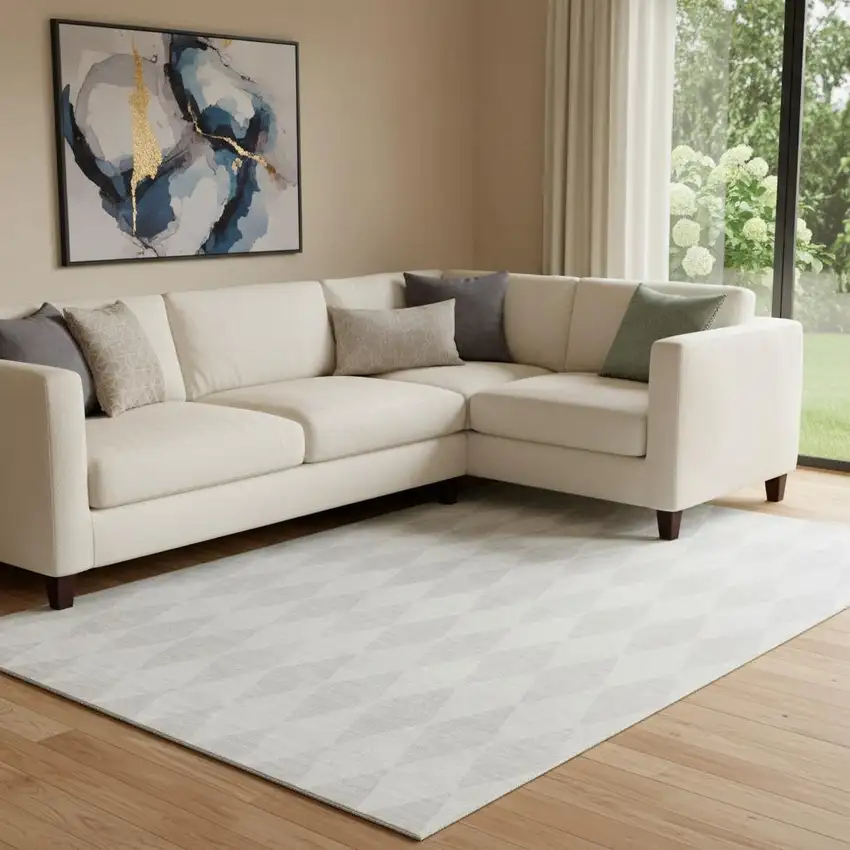 Ivory And Beige Diamond Washable Area Rug With UV Protection Photo 1