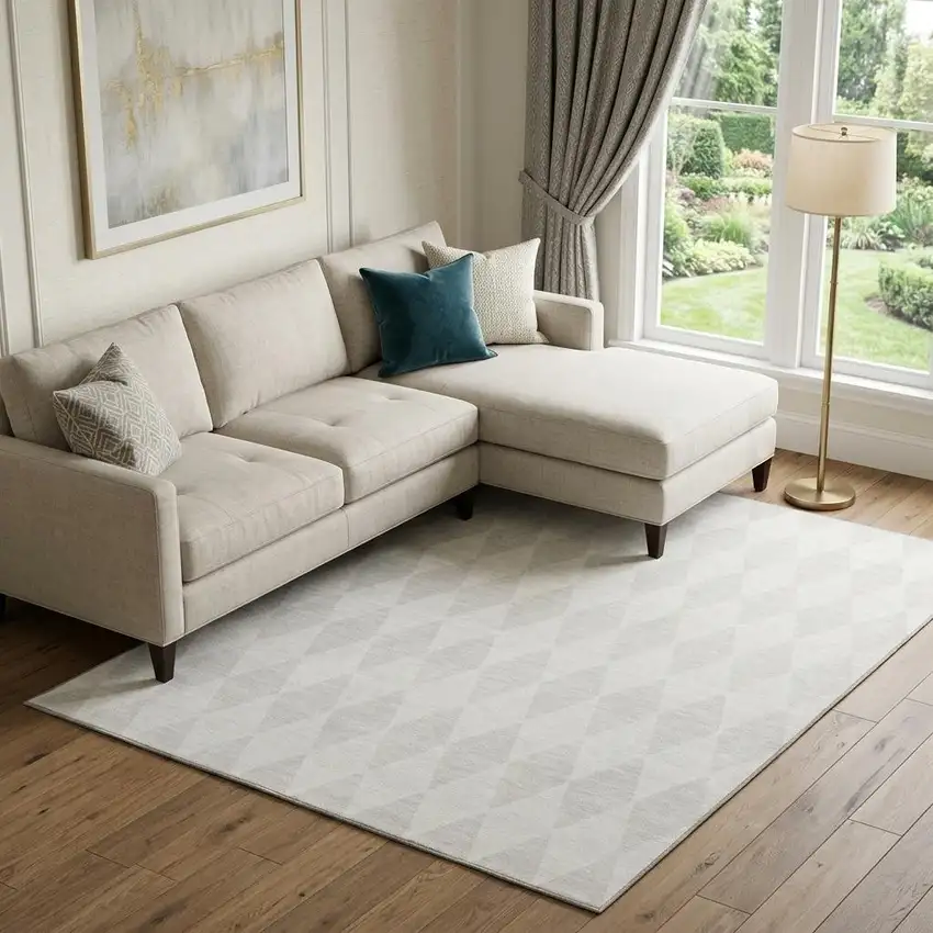 Ivory And Beige Diamond Washable Area Rug With UV Protection Photo 1