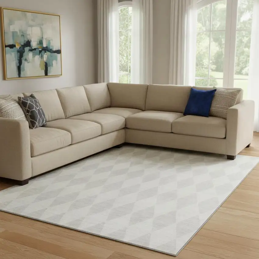 Ivory And Beige Diamond Washable Area Rug With UV Protection Photo 1