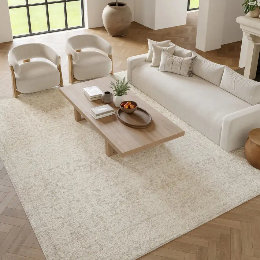 Ivory And Beige Floral Distressed Non Skid Area Rug Photo 6