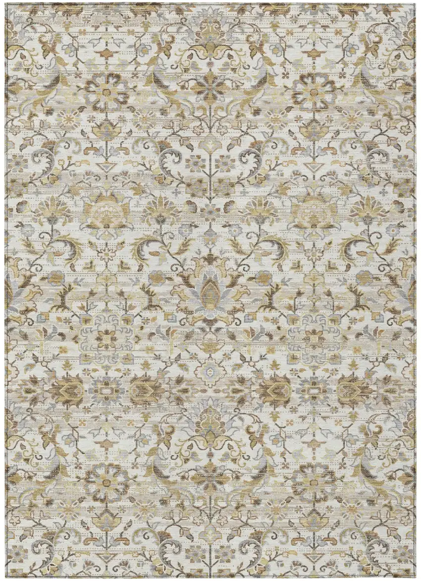 Ivory And Beige Floral Medallion Washable Indoor Outdoor Area Rug Photo 2