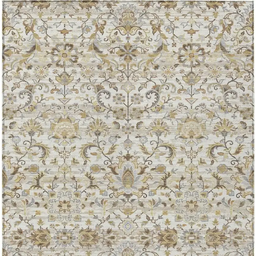 Ivory And Beige Floral Medallion Washable Indoor Outdoor Area Rug Photo 4