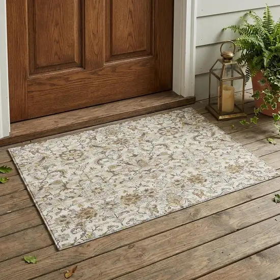 Ivory And Beige Floral Medallion Washable Indoor Outdoor Area Rug Photo 1