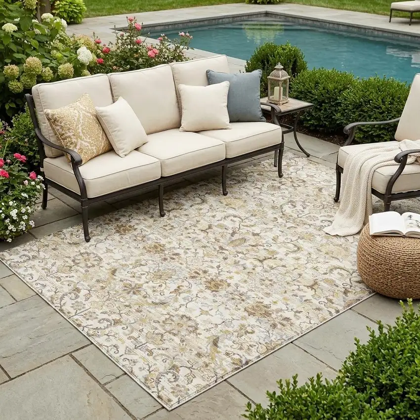 Ivory And Beige Floral Medallion Washable Indoor Outdoor Area Rug Photo 1