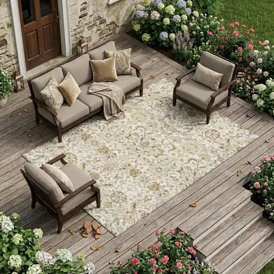 Ivory And Beige Floral Medallion Washable Indoor Outdoor Area Rug Photo 1