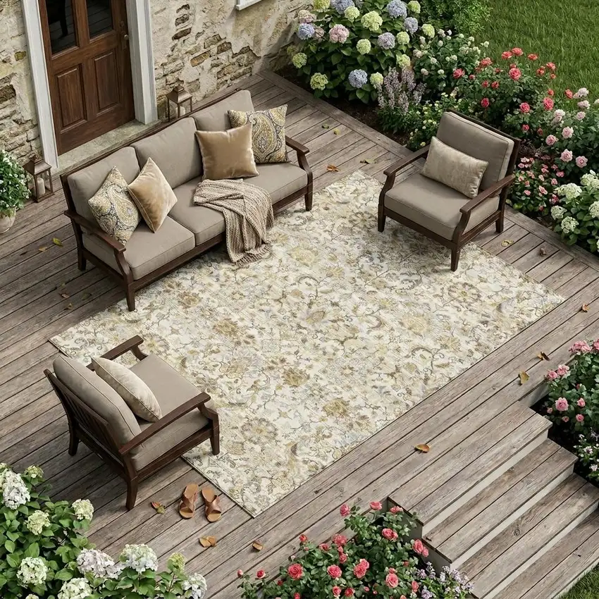 Ivory And Beige Floral Medallion Washable Indoor Outdoor Area Rug Photo 1