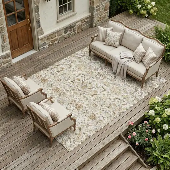 Ivory And Beige Floral Medallion Washable Indoor Outdoor Area Rug Photo 1