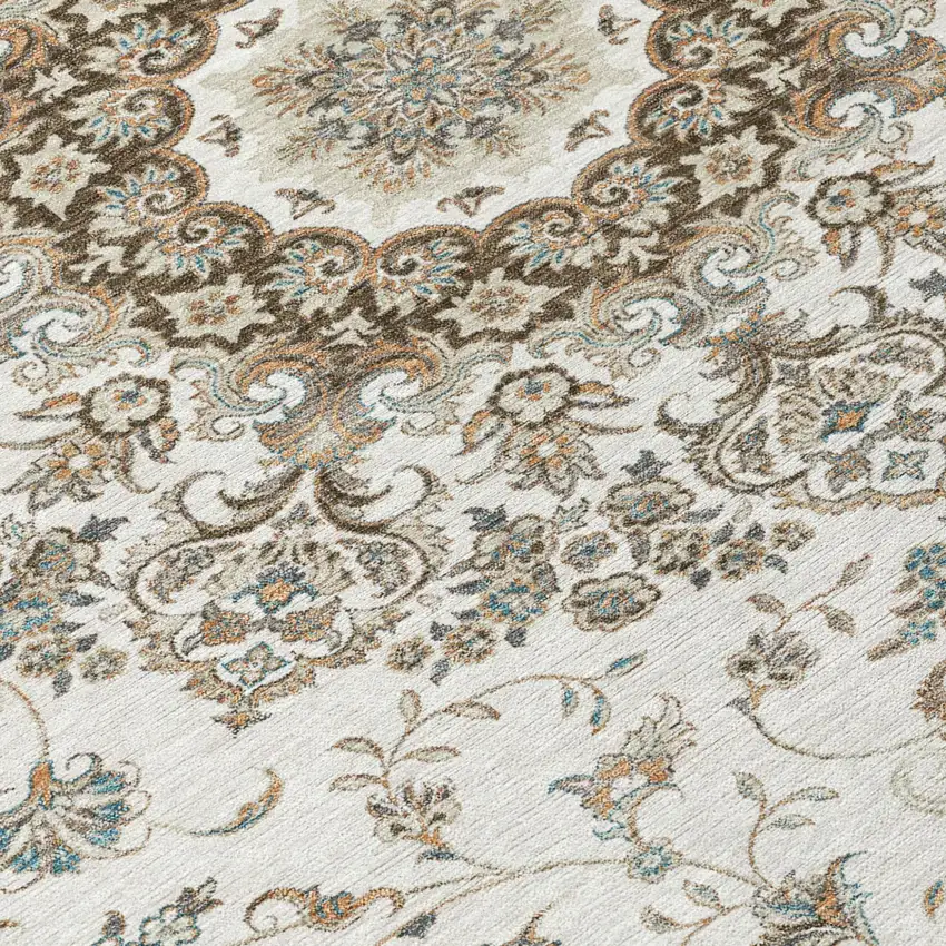 Ivory And Beige Floral Medallion Washable Indoor Outdoor Area Rug Photo 6