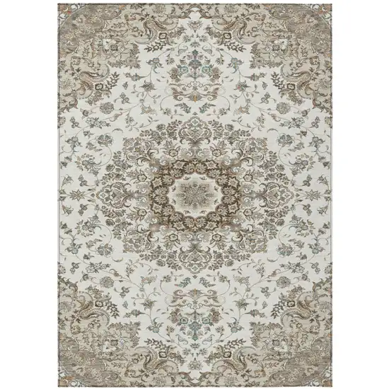 Ivory And Beige Floral Medallion Washable Indoor Outdoor Area Rug Photo 2