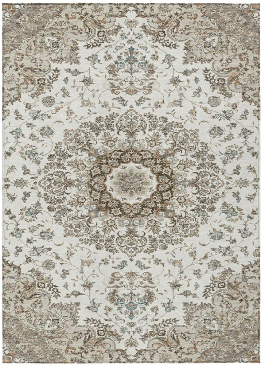 Ivory And Beige Floral Medallion Washable Indoor Outdoor Area Rug Photo 2