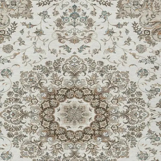 Ivory And Beige Floral Medallion Washable Indoor Outdoor Area Rug Photo 3