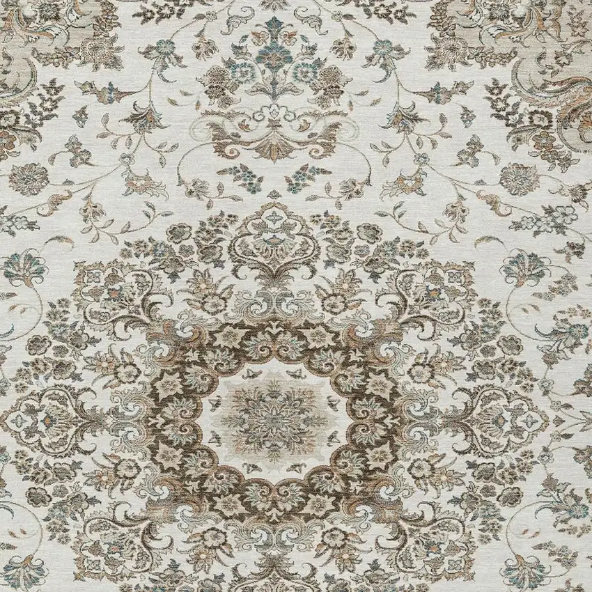 Ivory And Beige Floral Medallion Washable Indoor Outdoor Area Rug Photo 3