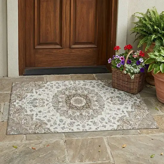 Ivory And Beige Floral Medallion Washable Indoor Outdoor Area Rug Photo 1
