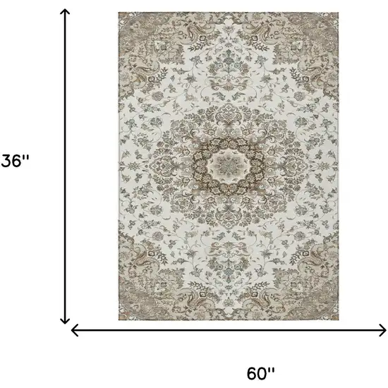 Ivory And Beige Floral Medallion Washable Indoor Outdoor Area Rug Photo 7