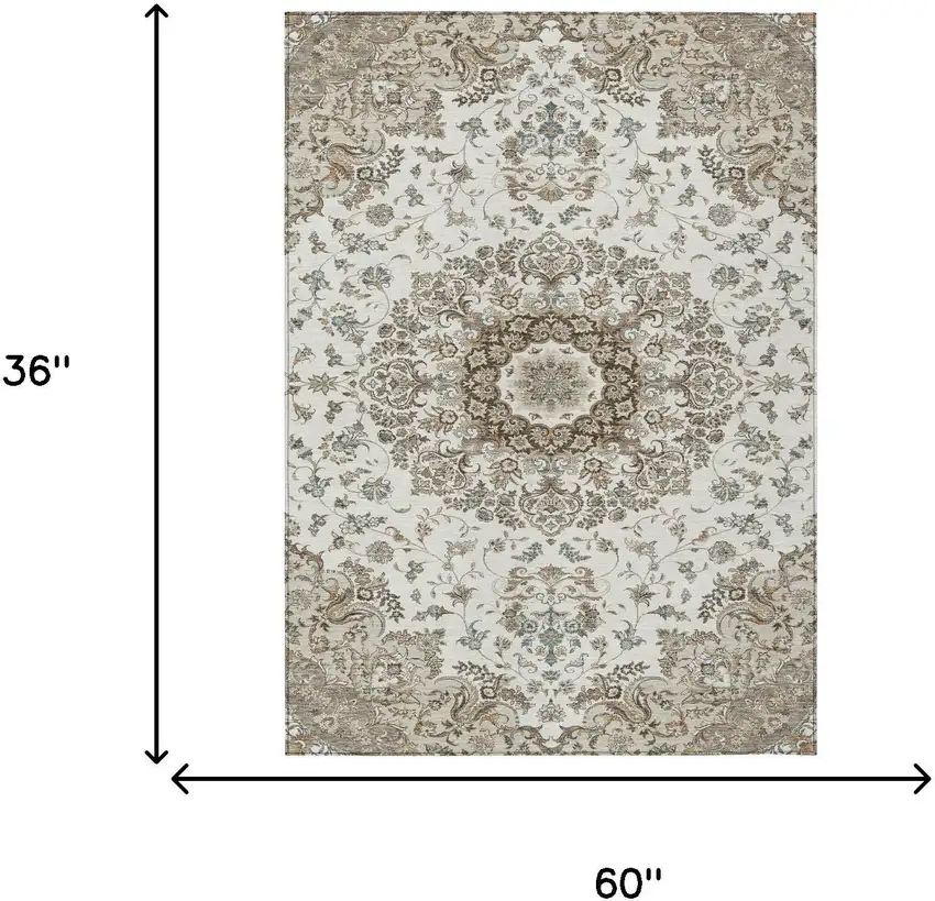 Ivory And Beige Floral Medallion Washable Indoor Outdoor Area Rug Photo 7